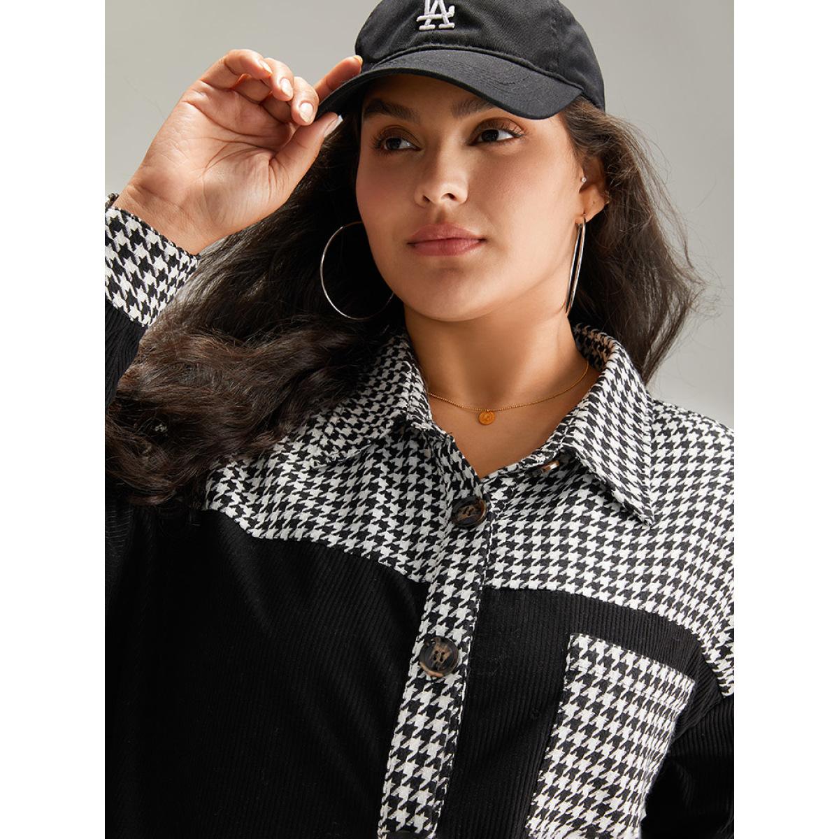 Plus Size Houndstooth Patchwork Pocket Button Through Corduroy Coat Women Black Casual Contrast Ladies Dailywear Winter Coats BloomChic 22-24/3X Product Image