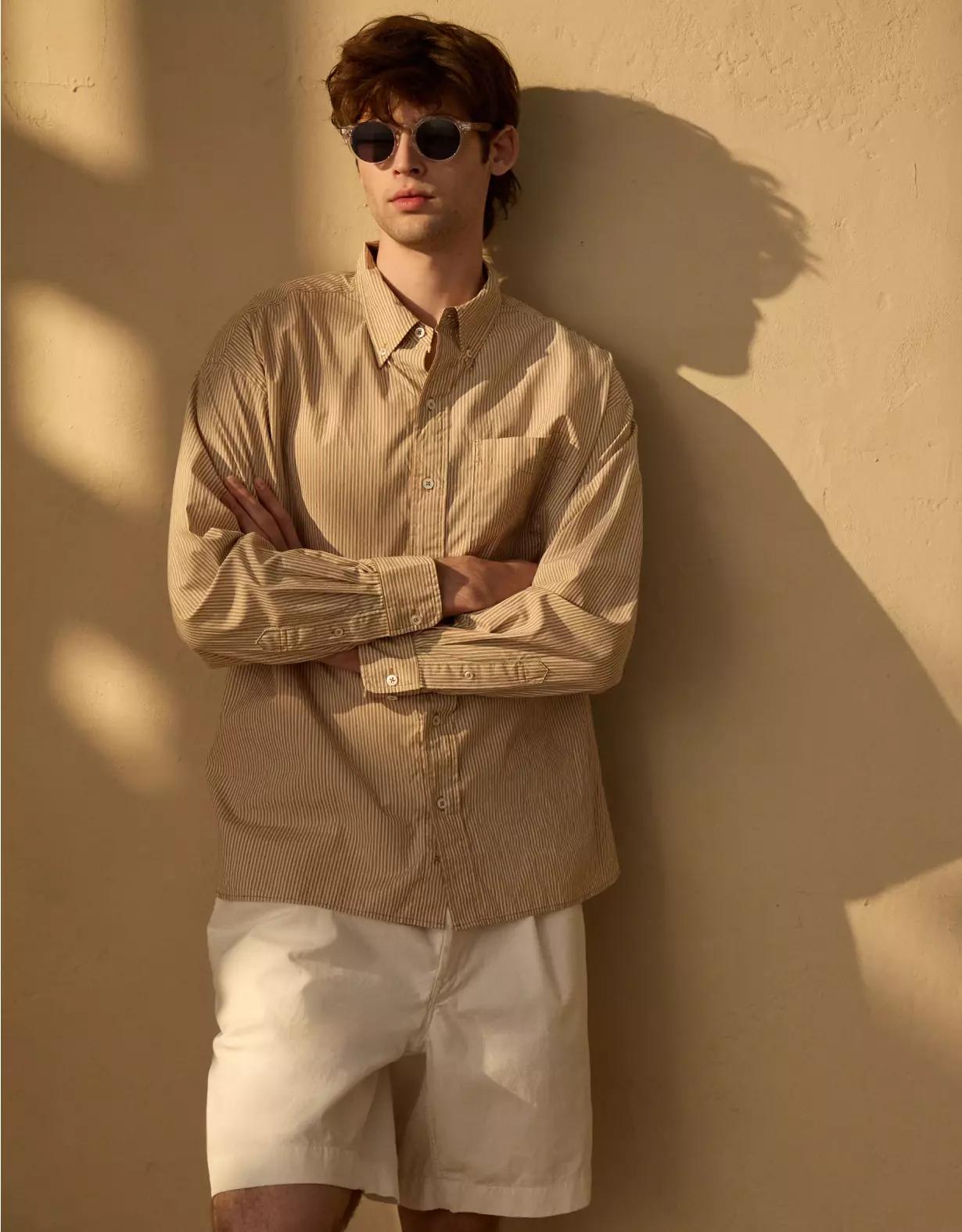 AE77 Premium Relaxed Striped Poplin Button-Up Shirt Product Image