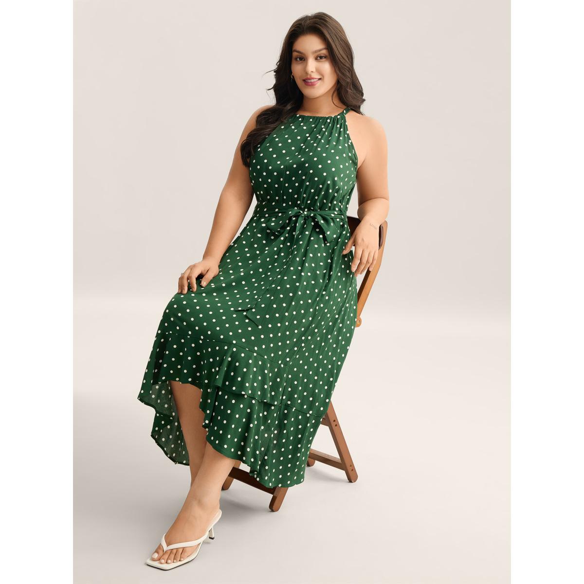 Plus Size Polka Dots Halter Neck Belted Midi Dress Truegreen Women Romantic Halter neck Sleeveless Curvy BloomChic 28/5X Product Image