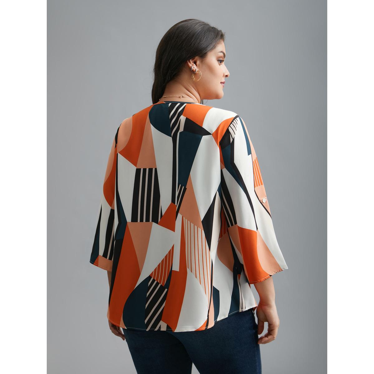 Plus Size Multicolor Abstract Print Tab Sleeve Blouse Women Office Elbow-length sleeve V-neck Office Blouses BloomChic 10/M Product Image