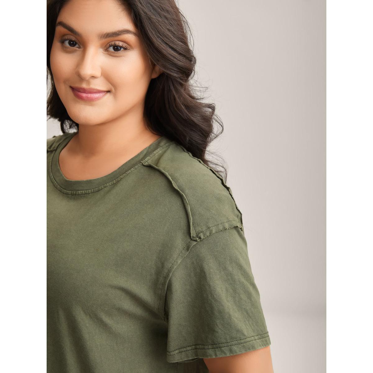 Plus Size Cotton Vintage Frayed Hem Crew Neck T-Shirt ArmyGreen Women Leisure Tucked seam Round Neck Casual T-shirts BloomChic 18-20/2X Product Image