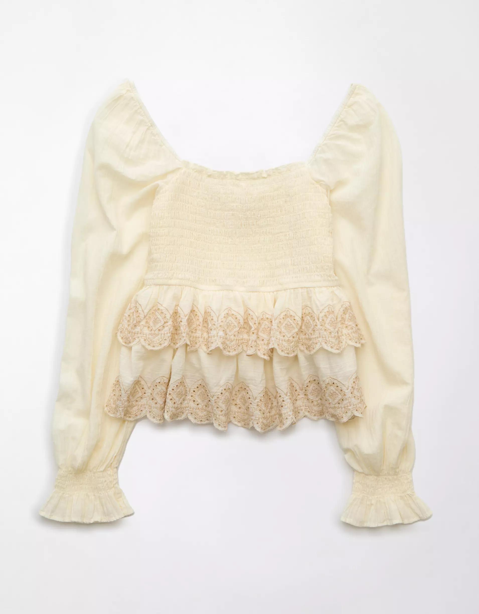 AE Long-Sleeve Smocked Tiered Top Product Image