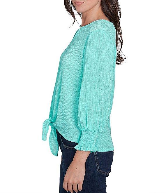 Ruby Rd. Petite Size Knit Crinkle Keyhole Neck Bar 3/4 Sleeve Tie-Front Top Product Image