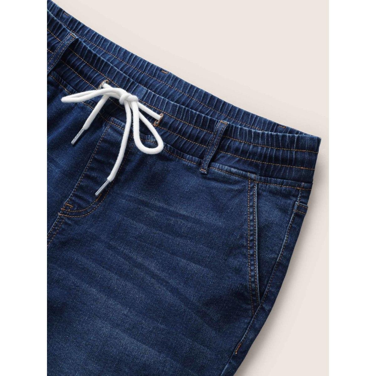 Plus Size Dark Wash Drawstring Slit Hem Denim Shorts Women Indigo Drawstring High stretch Everyday Slanted pocket Casual Denim Shorts BloomChic 12/L Product Image