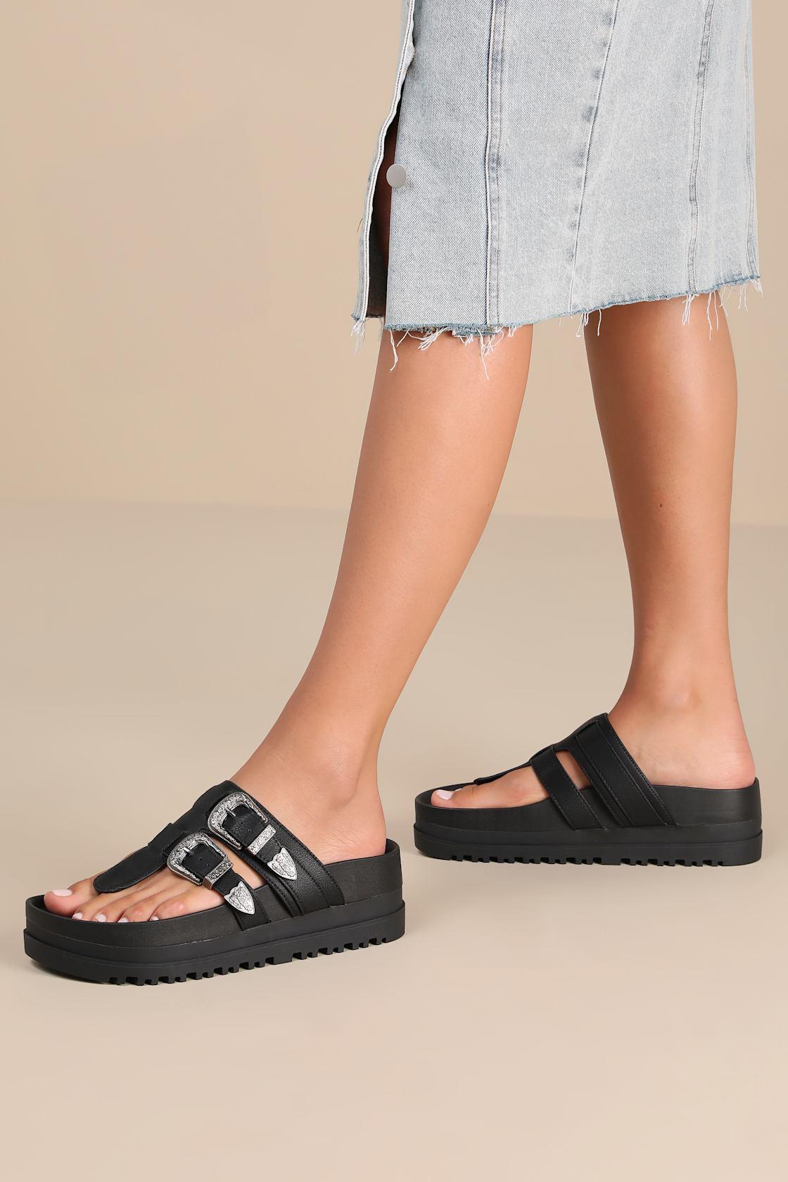 Nyra Black Faux Leather Thong Buckle Flatform Sandals Product Image