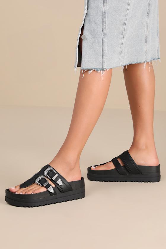 Nyra Black Faux Leather Thong Buckle Flatform Sandals Product Image