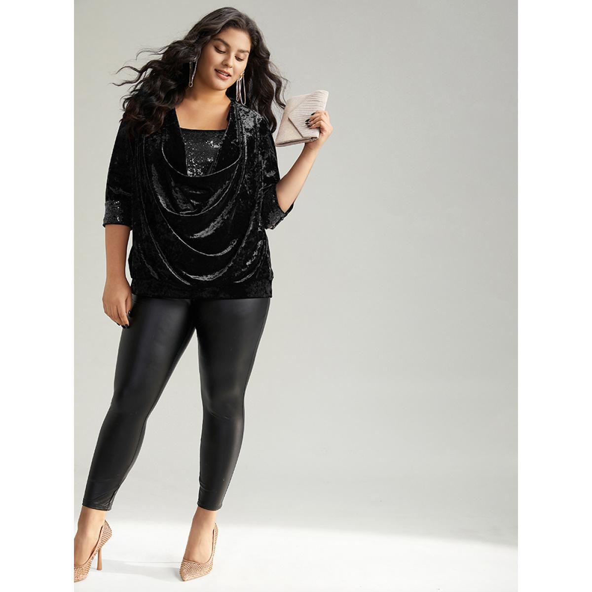 Plus Size Black Cowl Neck 2-In-1 Sequin Patchwork Blouse Women Party&Cocktail Elbow-length sleeve Cowl Neck Party Blouses BloomChic 22-24/3X Product Image