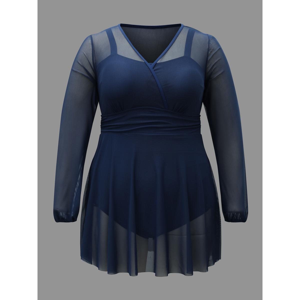 Plus Size Long Sleeve Mesh Ruffle Hem Swim Dress Women's Swimwear Mediumblue Beach Bodycon Overlap Collar High stretch Curve Swim Dresses BloomChic 28/5X Product Image