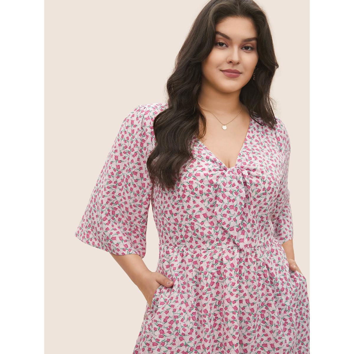 Plus Size Ditsy Floral Tie Neck Elastic Waist Dress Pink Women Elegant Non V-neck Half Sleeve Curvy Midi Dress BloomChic 28/5X Product Image
