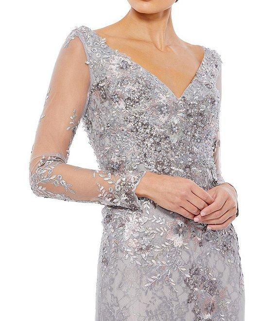 Mac Duggal Floral Embroidered Lace Sequin Embellished V-Neck Illusion Long Sleeve Gown Product Image