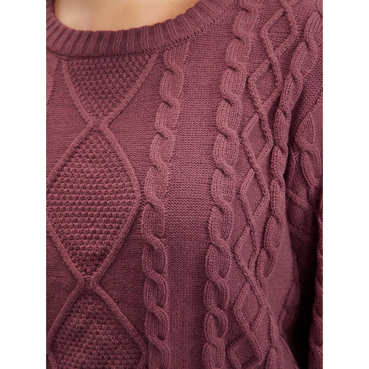 Plus Size Solid Pointelle Knit Round Neck Geometric Cable Knit Top Russet Women Casual Long Sleeve Round Neck Dailywear Pullovers BloomChic 14-16/1X Product Image