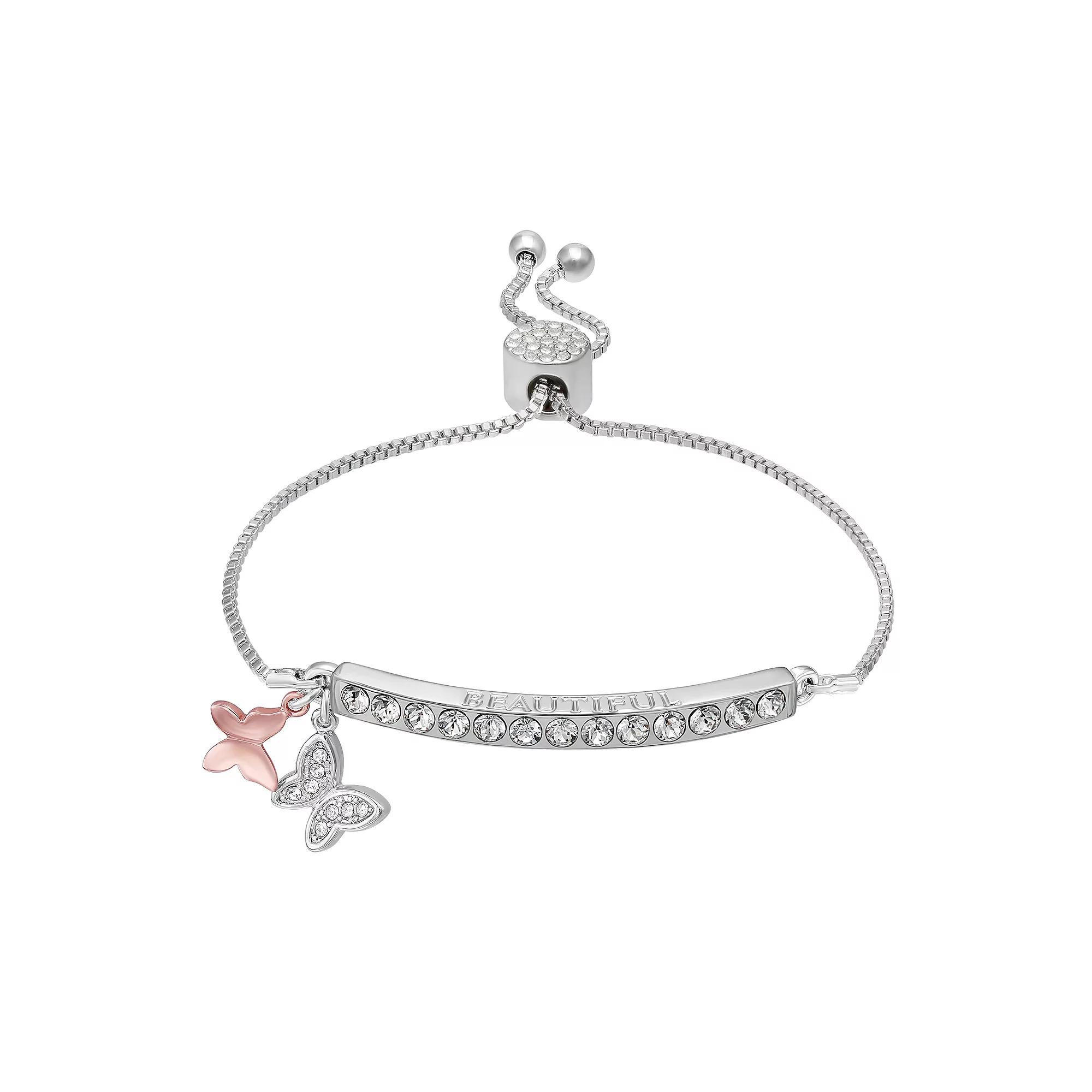 Brilliance Crystal Butterfly Charm Adjustable Bar Bracelet, Women's, Size: 7", Two Tone Pink Clear Product Image