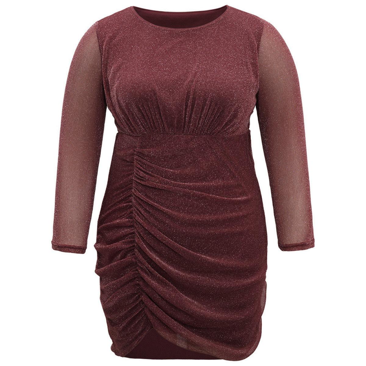 Plus Size Lurex Glitter Crew Neck Mesh Patchwork Gathered Dress Burgundy Women Casual Gathered Round Neck Long Sleeve Curvy Midi Dress BloomChic 10/M Product Image