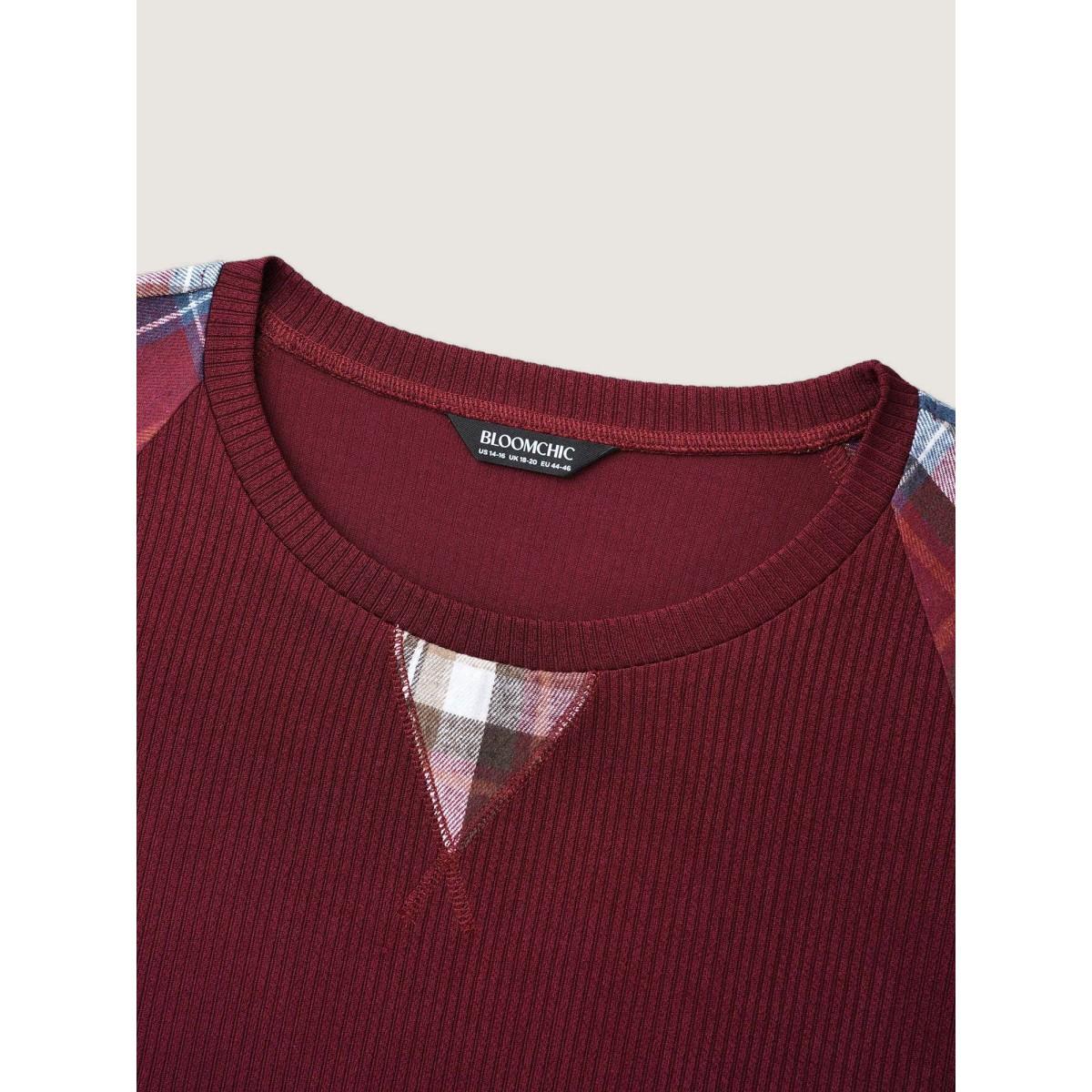 Plus Size Plaid Patchwork Raglan Sleeve Sweatshirt Women Burgundy Leisure Texture Round Neck Casual Sweatshirts BloomChic 22-24/3X Product Image