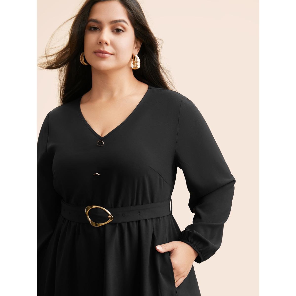 Plus Size V Neck Button Detail Belted Dress Black Women At the Office Belted V-neck Long Sleeve Curvy BloomChic 12/L Product Image
