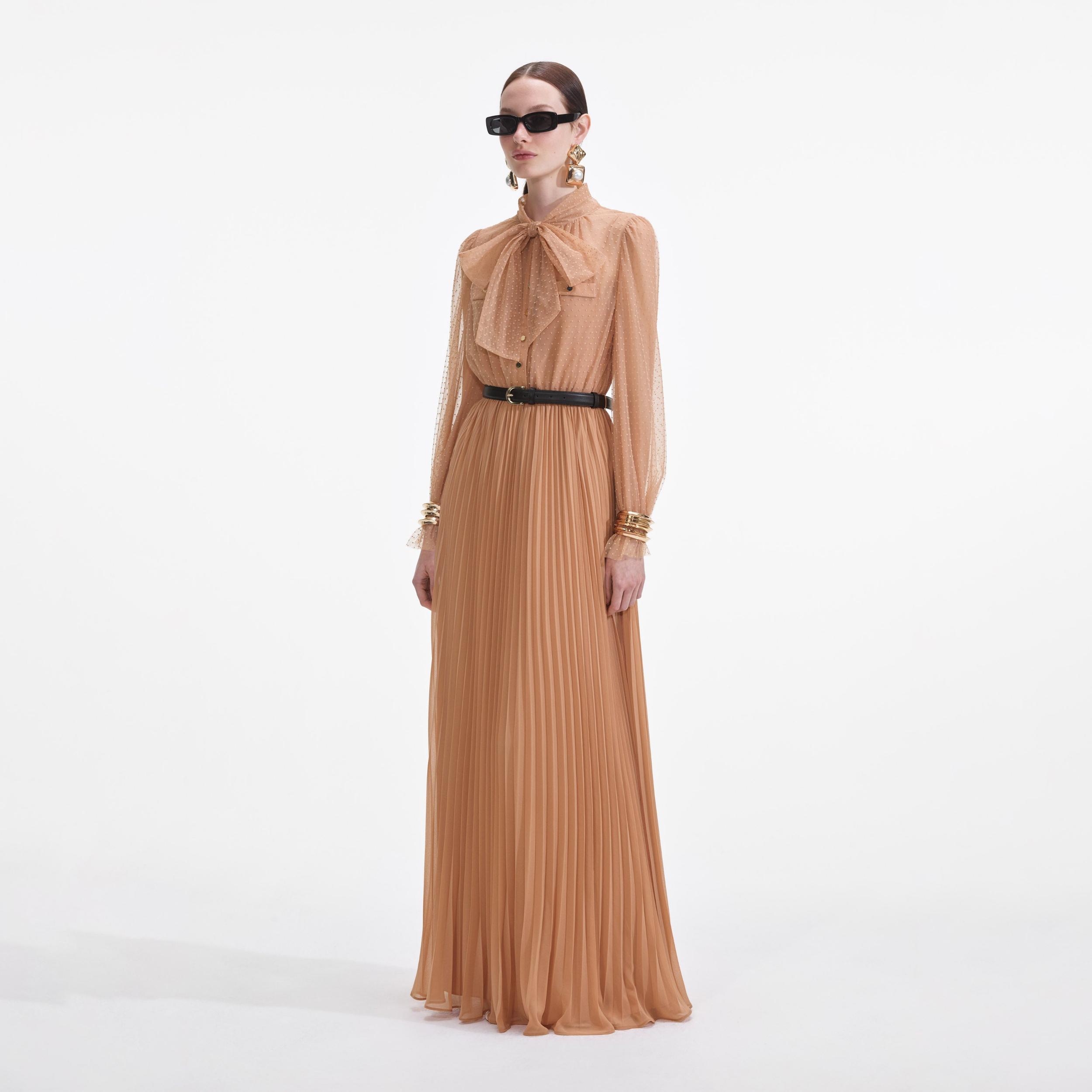 Tan Dot Mesh Maxi Dress Product Image