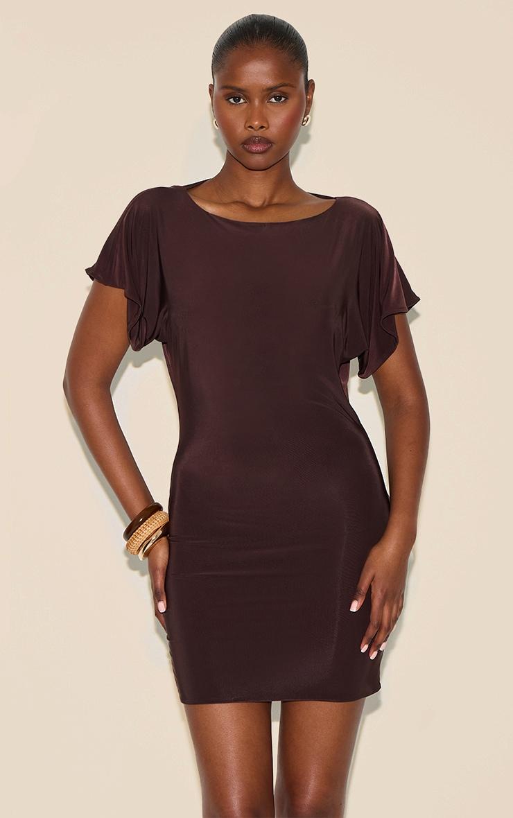 Chocolate Double Layered Slinky Ruched Short Sleeve Mini Dress Product Image