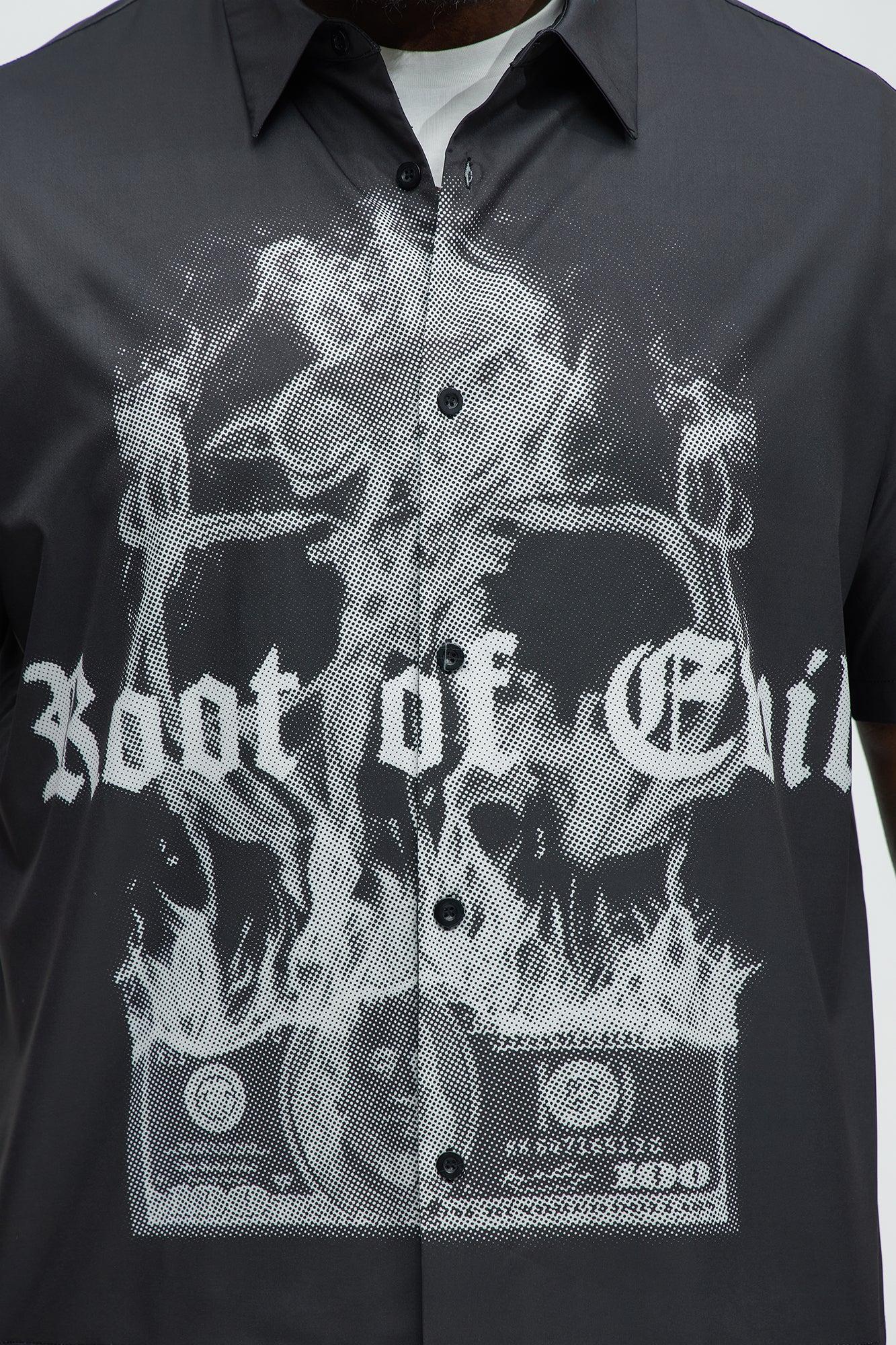 Smoking Skeleton Graphic Button Up Shirt - Black Product Image