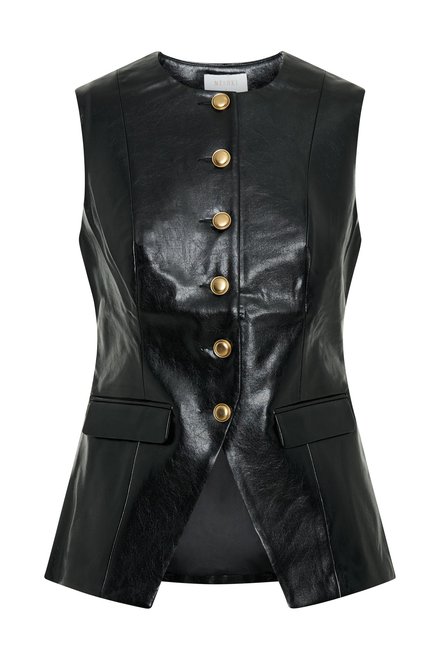 Coralia Faux Leather Sleeveless Vest - Black Product Image