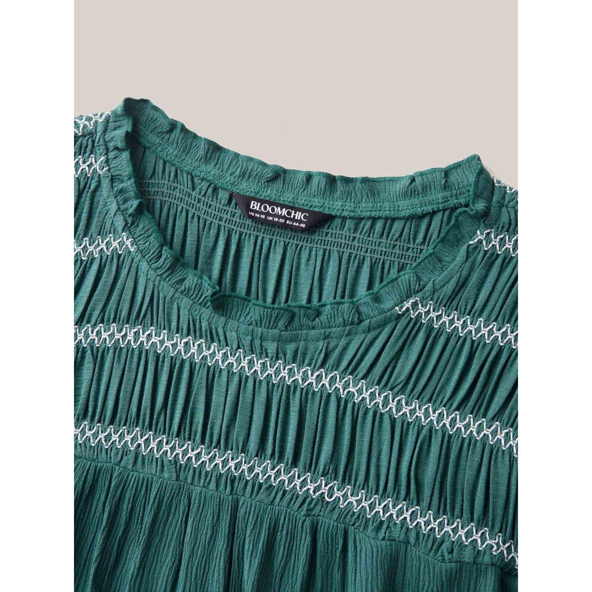 Plus Size Teal Rayon Shirred Neck Flutter Sleeve Tiered Blouse Women Cap Sleeve Round Neck Vacation Blouses BloomChic 18-20/2X Product Image