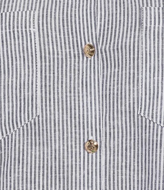 A Loves A Linen Stripe Point Collar Short Bubble Sleeve Button Front Shirt Product Image