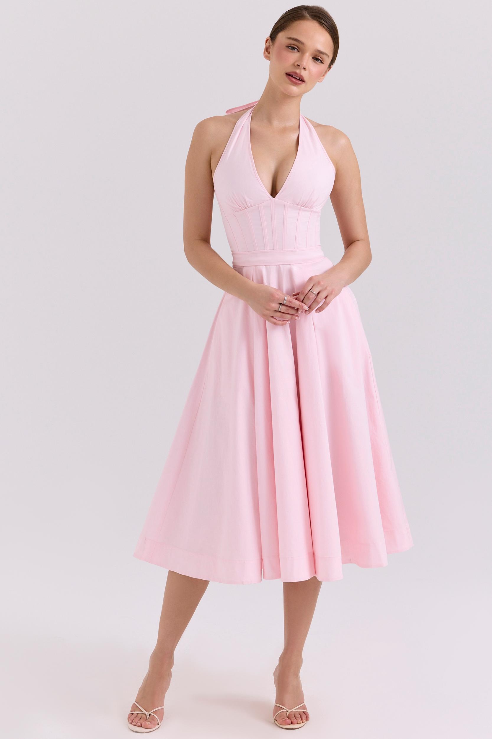 Allena  pink stretch cotton halter midi sundress Product Image