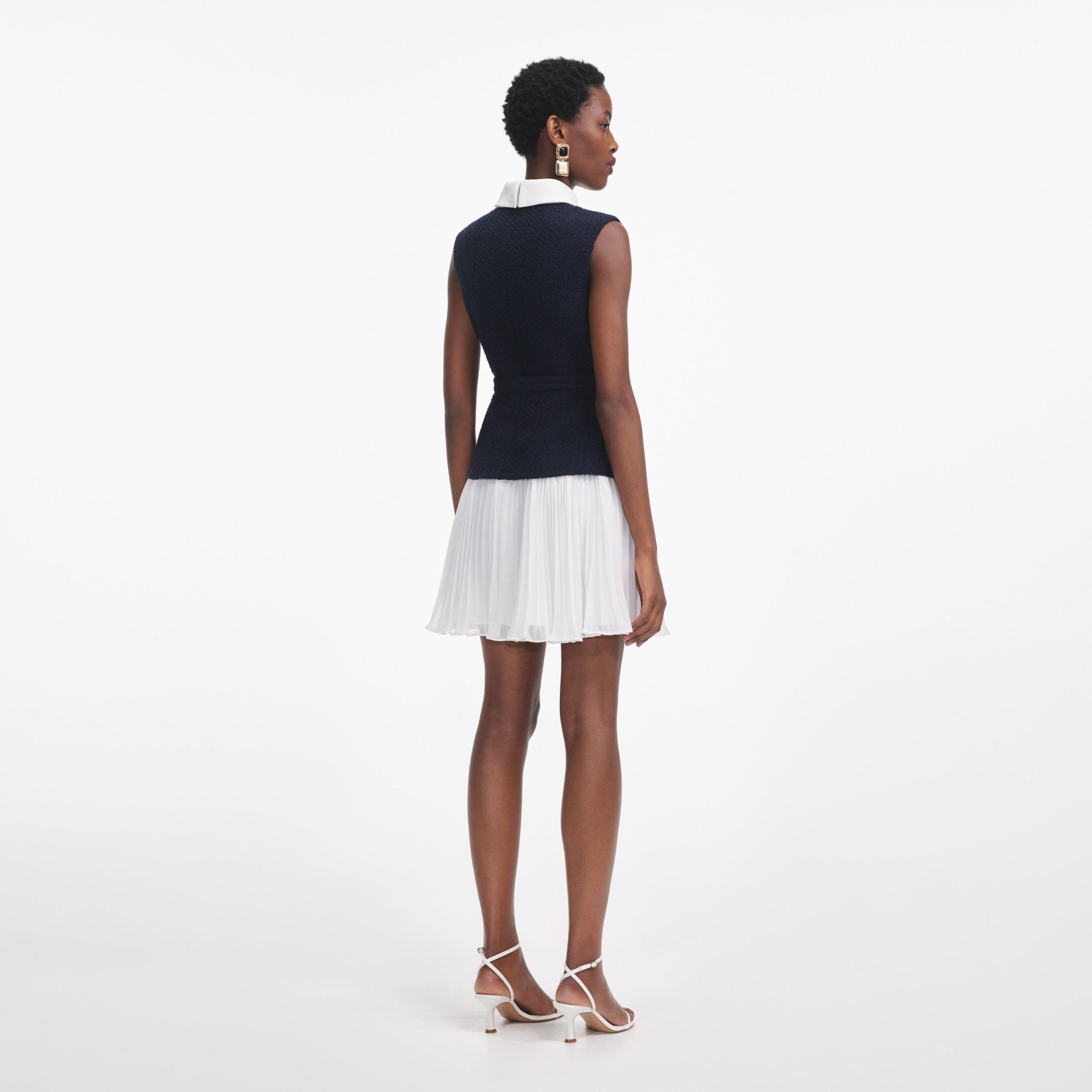 Navy Boucle And Chiffon Mini Dress Product Image