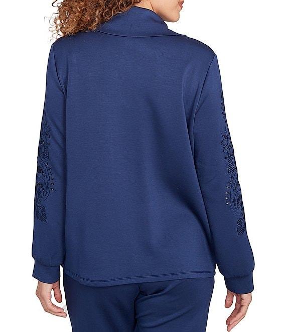 Ruby Rd. Solid Scuba Open Floral Cut-Out Embroidered Long Sleeve Snap-Front Jacket Product Image
