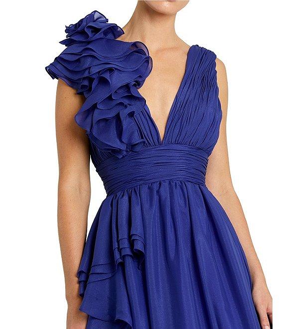 Mac Duggal Deep V-Neck Sleeveless Ruffled Shoulder Ball Gown Product Image