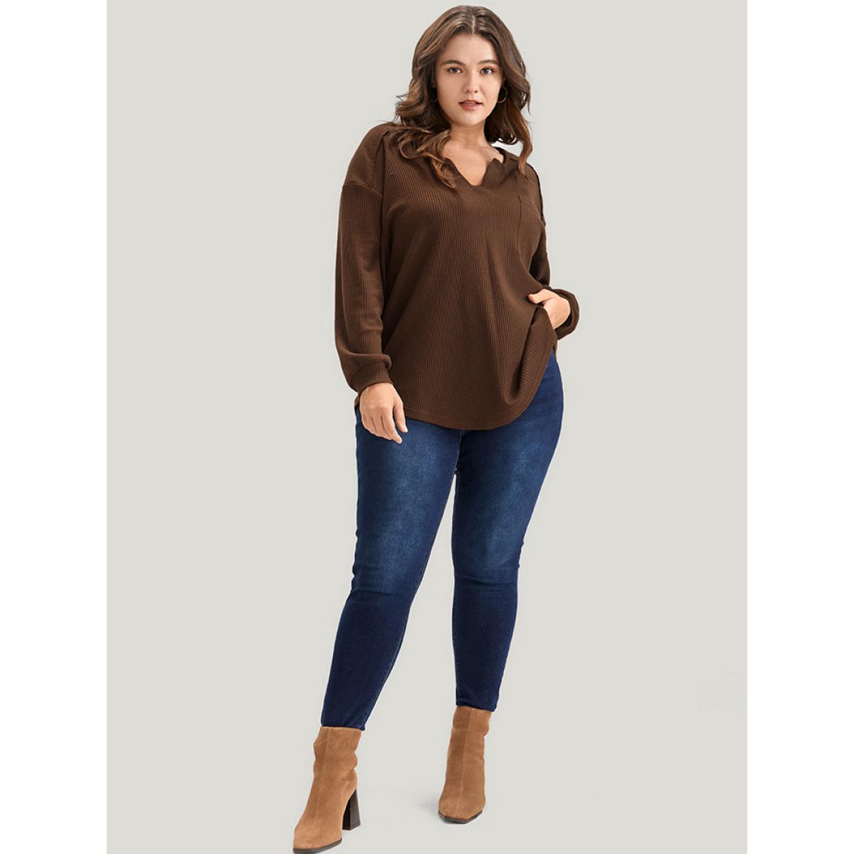 Plus Size Solid Pocket Notched Waffle Knit Sweatshirt Women DarkBrown Elegant Pocket V-neck Dailywear Sweatshirts BloomChic 30/6X Product Image