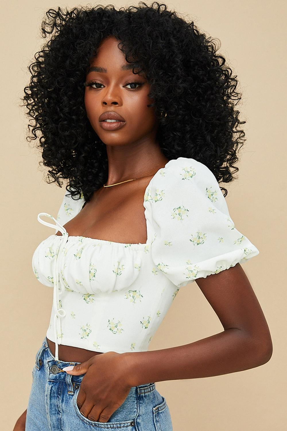 Arianna  ivory floral puff sleeve cropped top Product Image