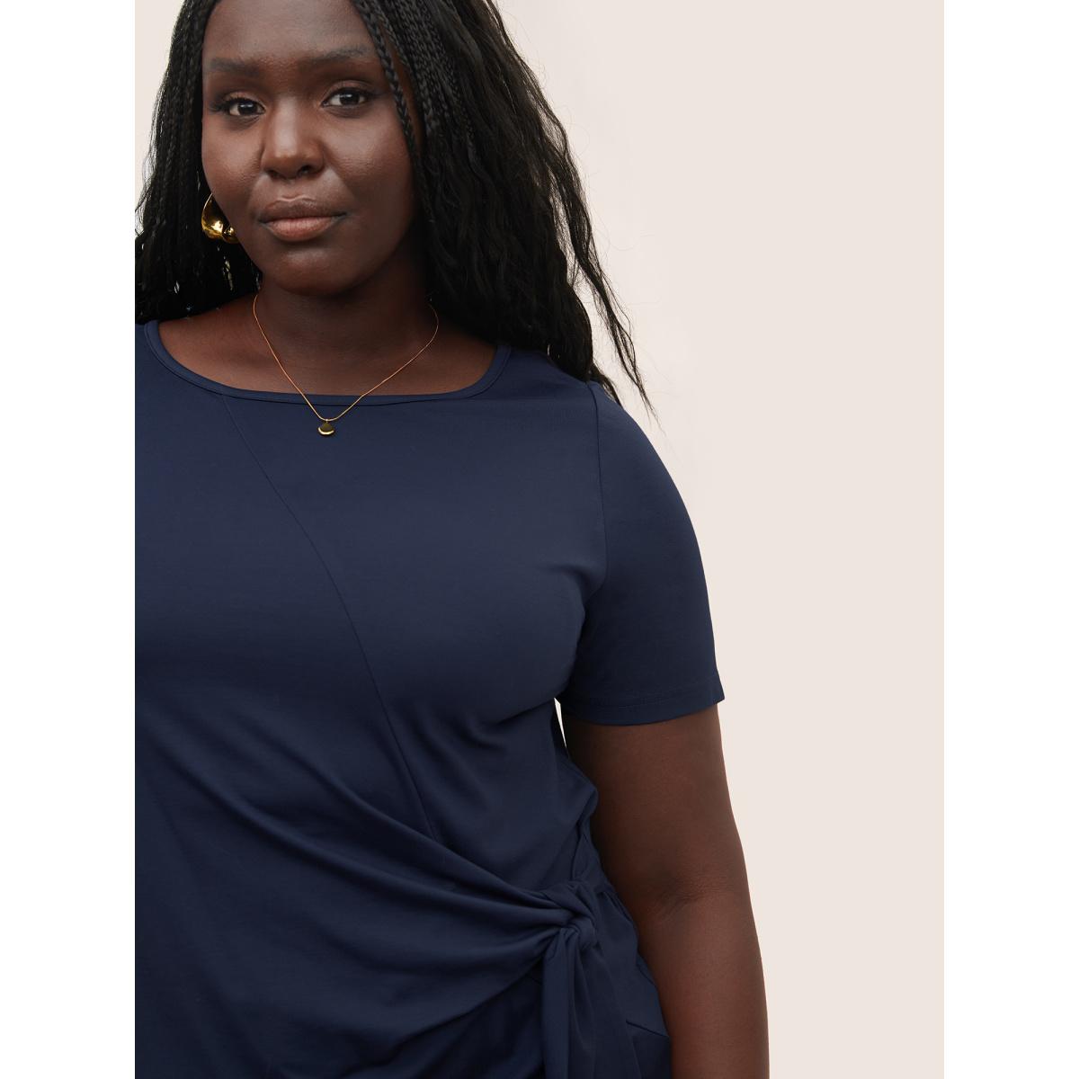 Plus Size Plain Ties Round Neck T-shirt Midnight Women Elegant Non Plain Round Neck Everyday T-shirts BloomChic 22-24/3X Product Image