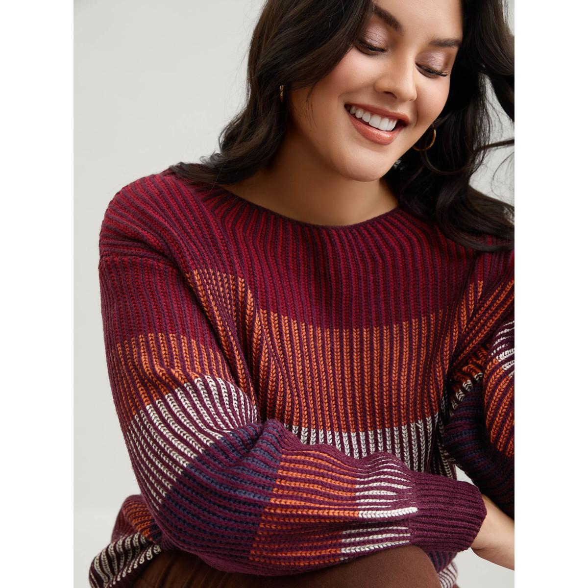 Plus Size Textured Striped Contrast Patchwork Pullover Deepred Women Casual Long Sleeve Round Neck Everyday Pullovers BloomChic 12/L Product Image