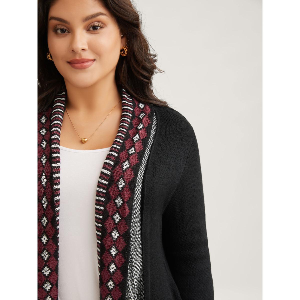 Plus Size Bandana Print Fringe Trim Maxi Cardigan Black Women Boho Long Sleeve Vacation Cardigans BloomChic 26/4X Product Image