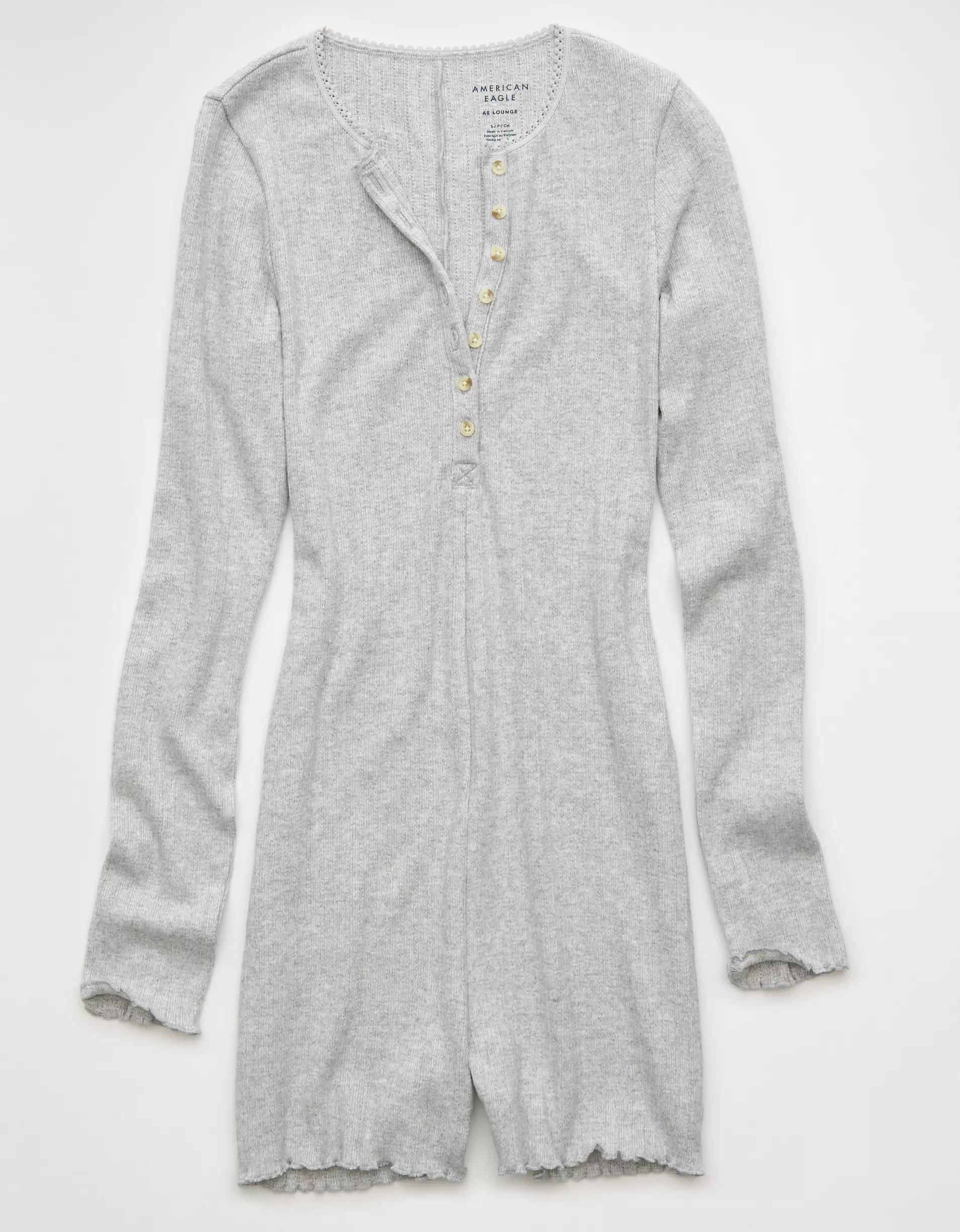 AE Long-Sleeve Henley Lounge Romper Product Image