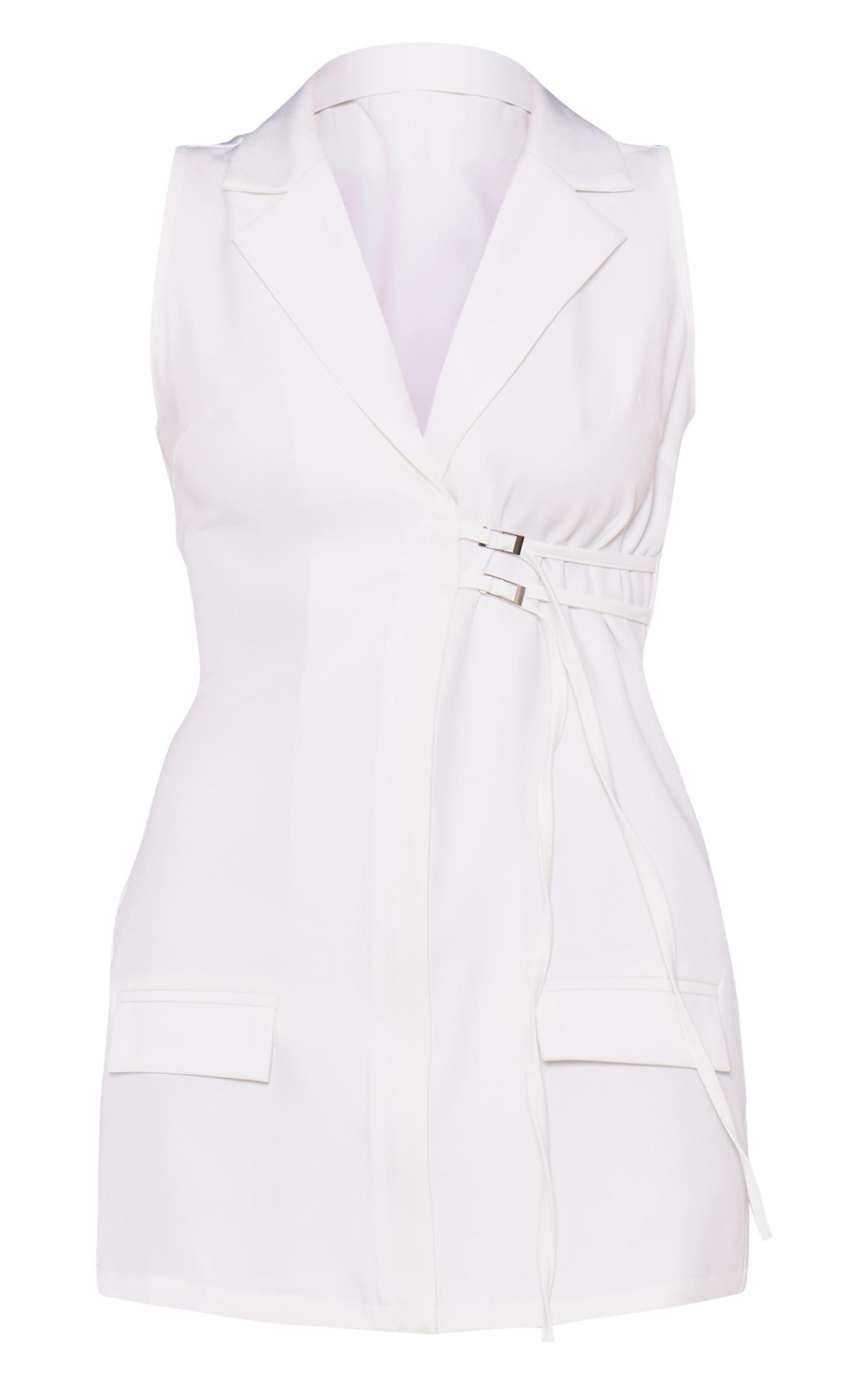White Tailored Woven Sleeveless Buckle Detail Blazer Dress Product Image