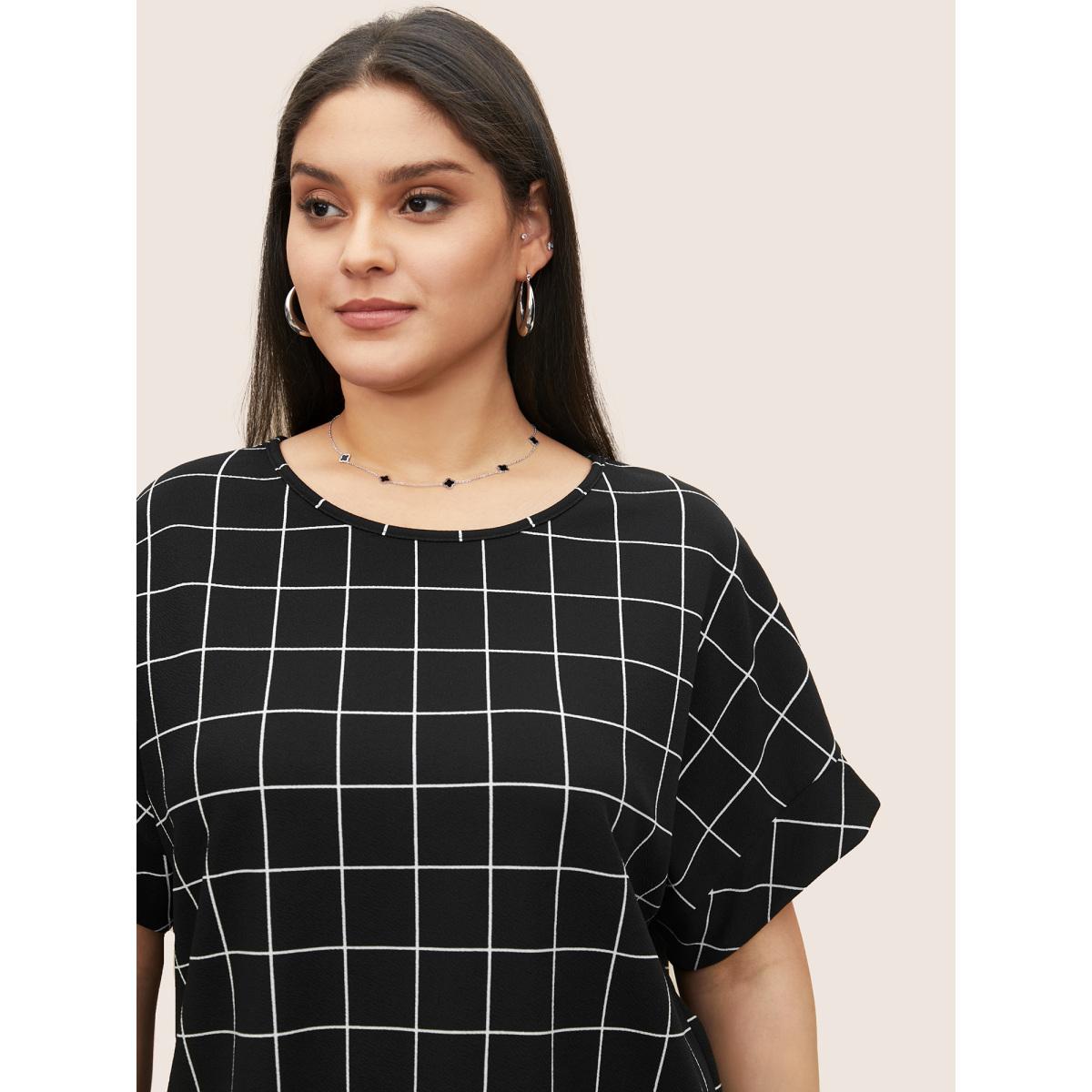 Plus Size Plaid Round Neck Batwing Sleeve T-shirt Black Women Work From Home Round Neck Work T-shirts BloomChic 12/L Product Image