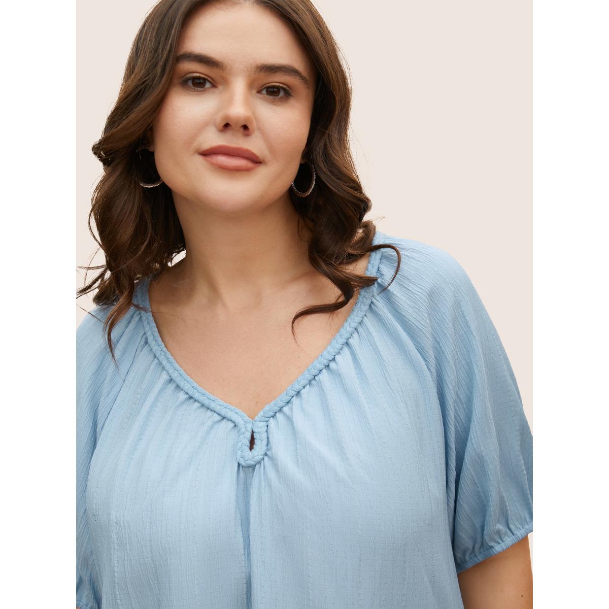 Plus Size LightBlue Plain Textured Woven Ribbon Keyhole Blouse Women Casual Short sleeve V-neck Everyday Blouses BloomChic 10/M Product Image