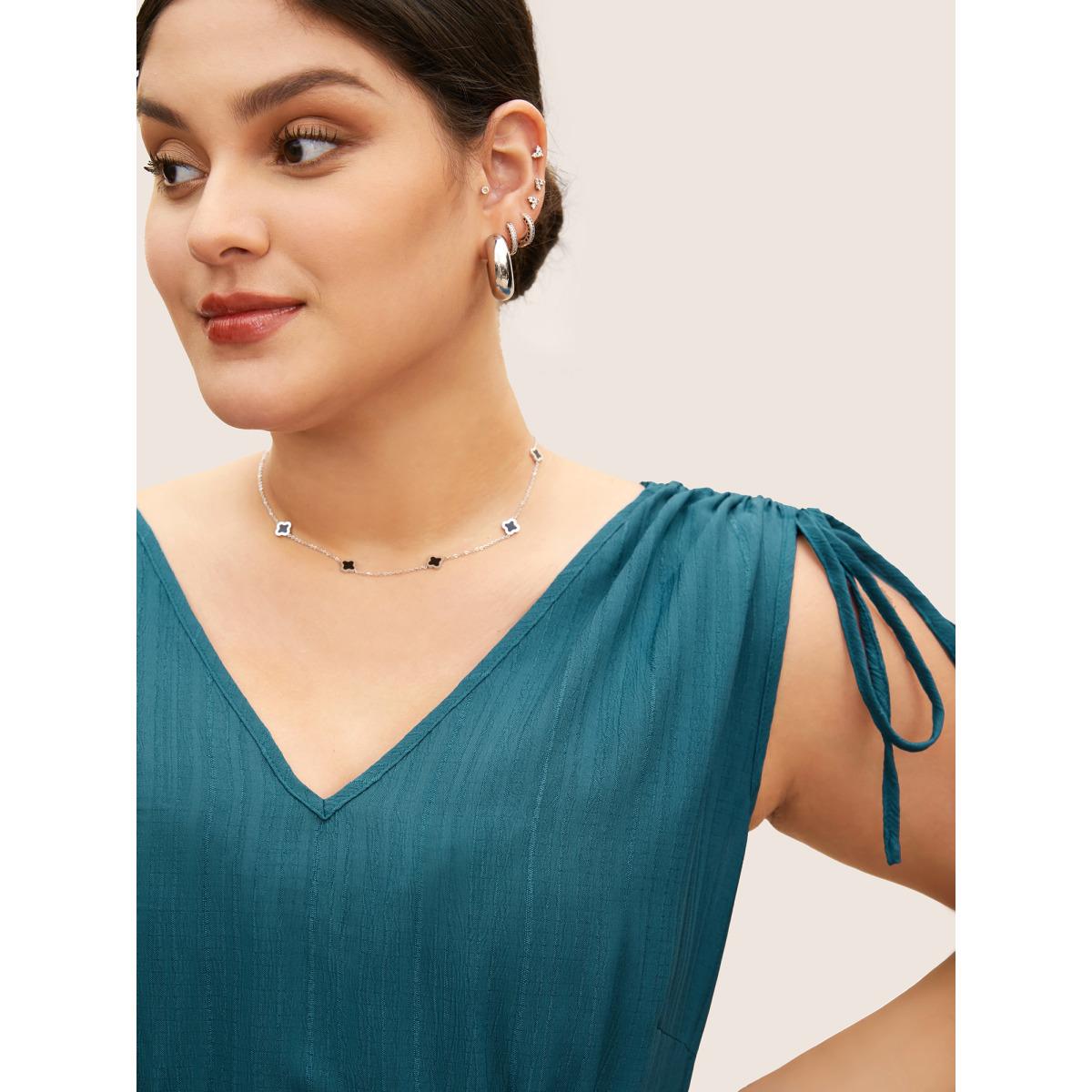 Plus Size Plain Textured Drawstring Ruffle Hem Dress Cerulean Women At the Office Texture V-neck Sleeveless Curvy BloomChic 22-24/3X Product Image