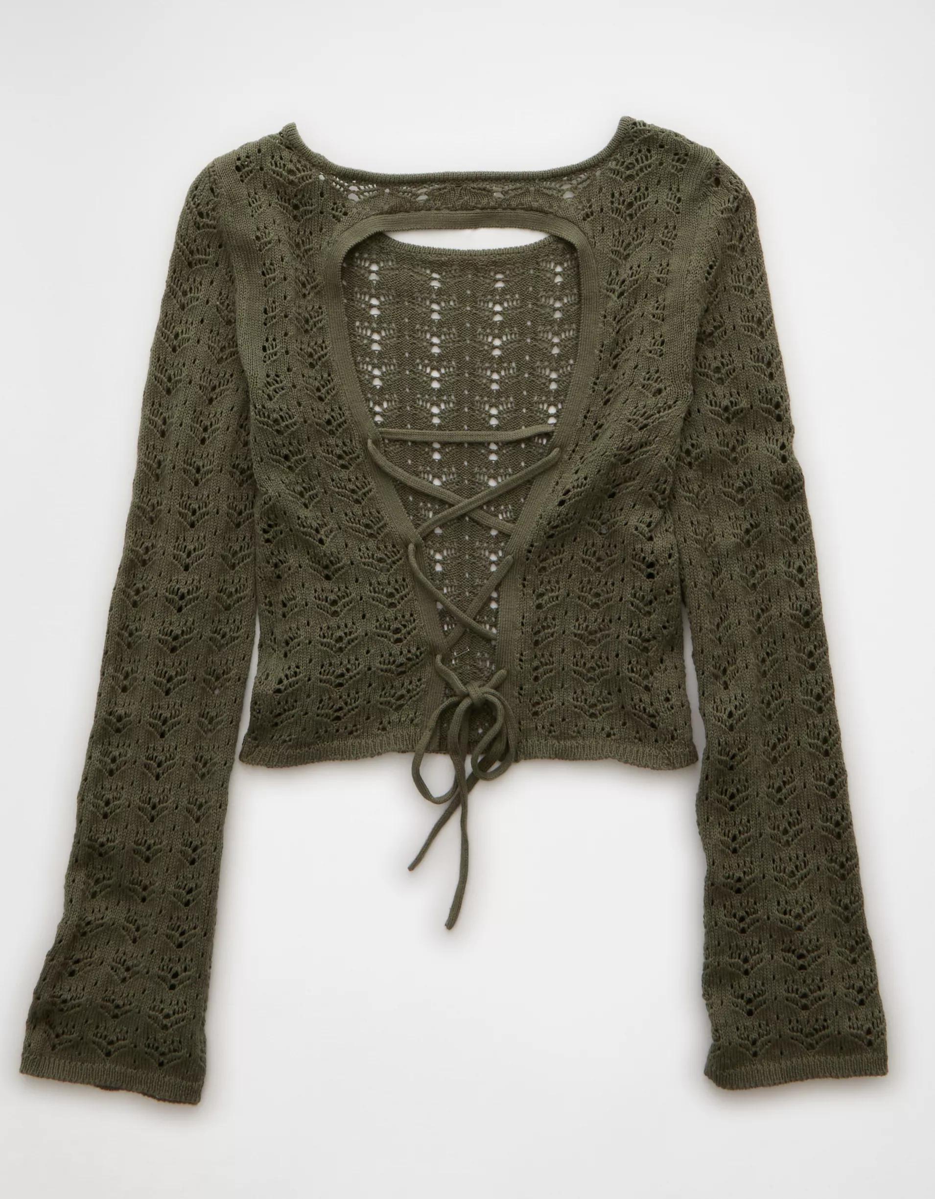 AE Lace-Up Back Crochet Sweater Product Image