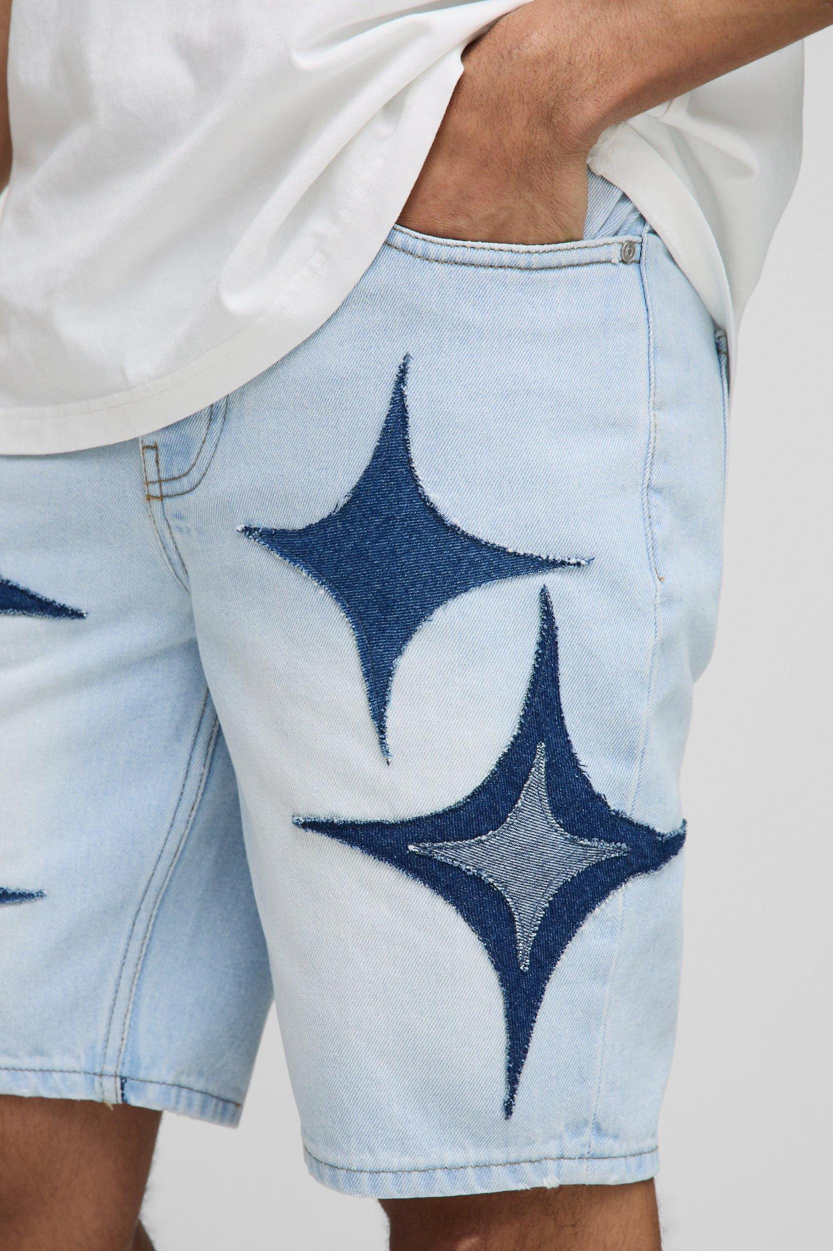 Straight Fit Light Blue Star Applique Jean Shorts | boohooMAN USA Product Image