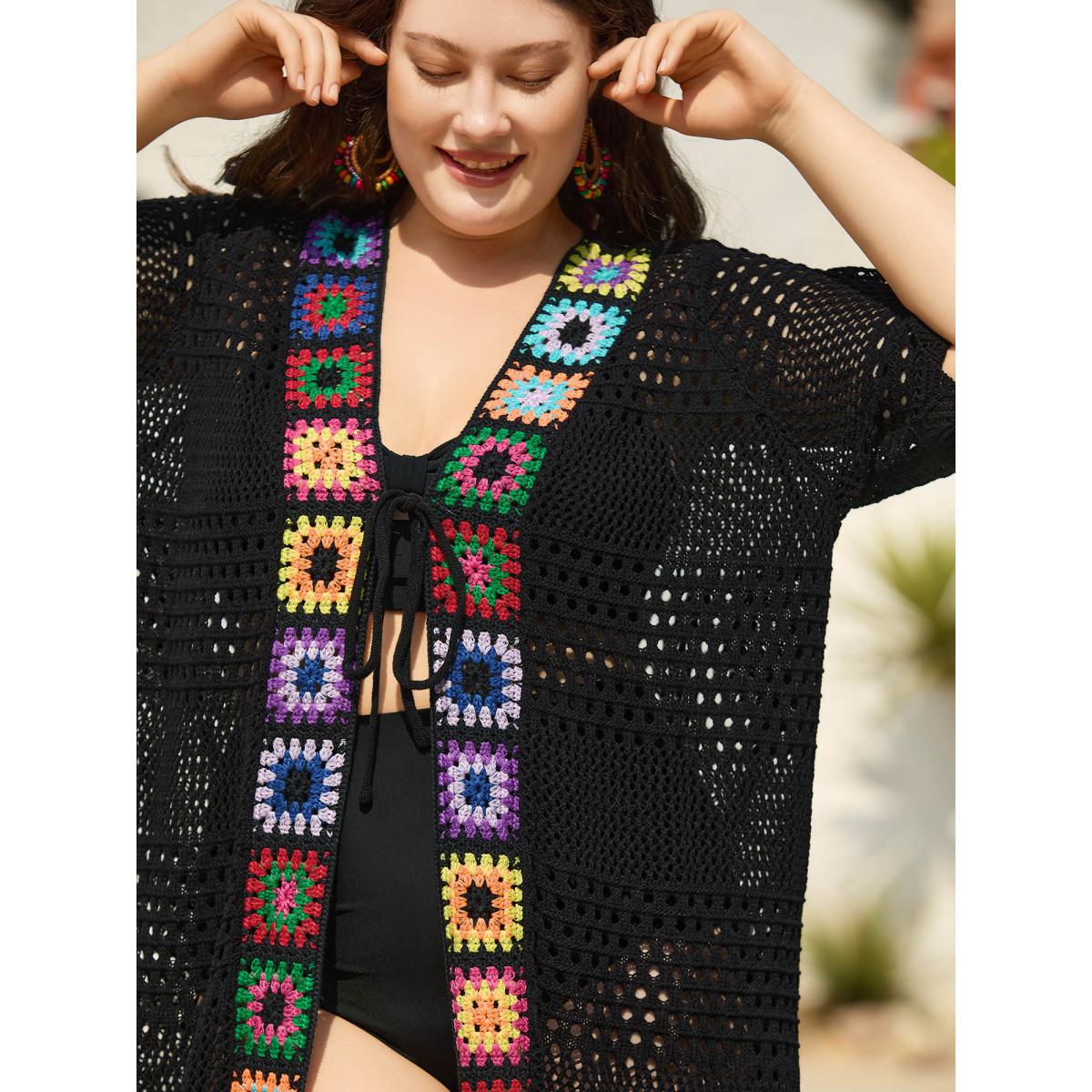Plus Size Crocheted Cut-Out Tied Swim Cover-Up Women's Swimwear Black Beach Loose Texture Curve Swim Cover Ups BloomChic 28/5X Product Image