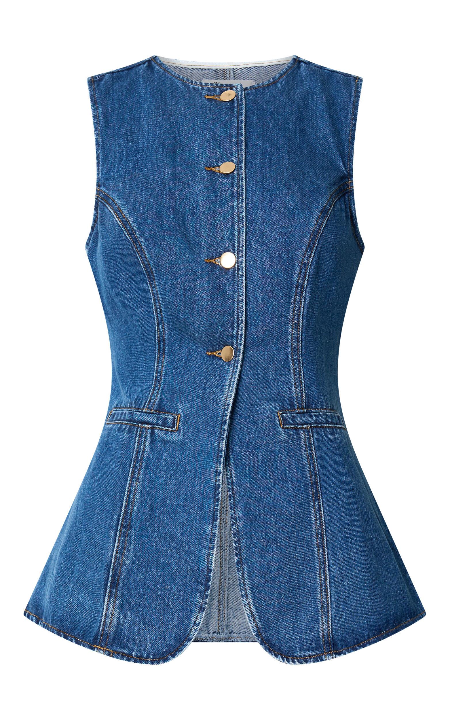 Rhianna Top - Button Down Longline Recycled Denim Vest Top in Dark Blue Wash Product Image
