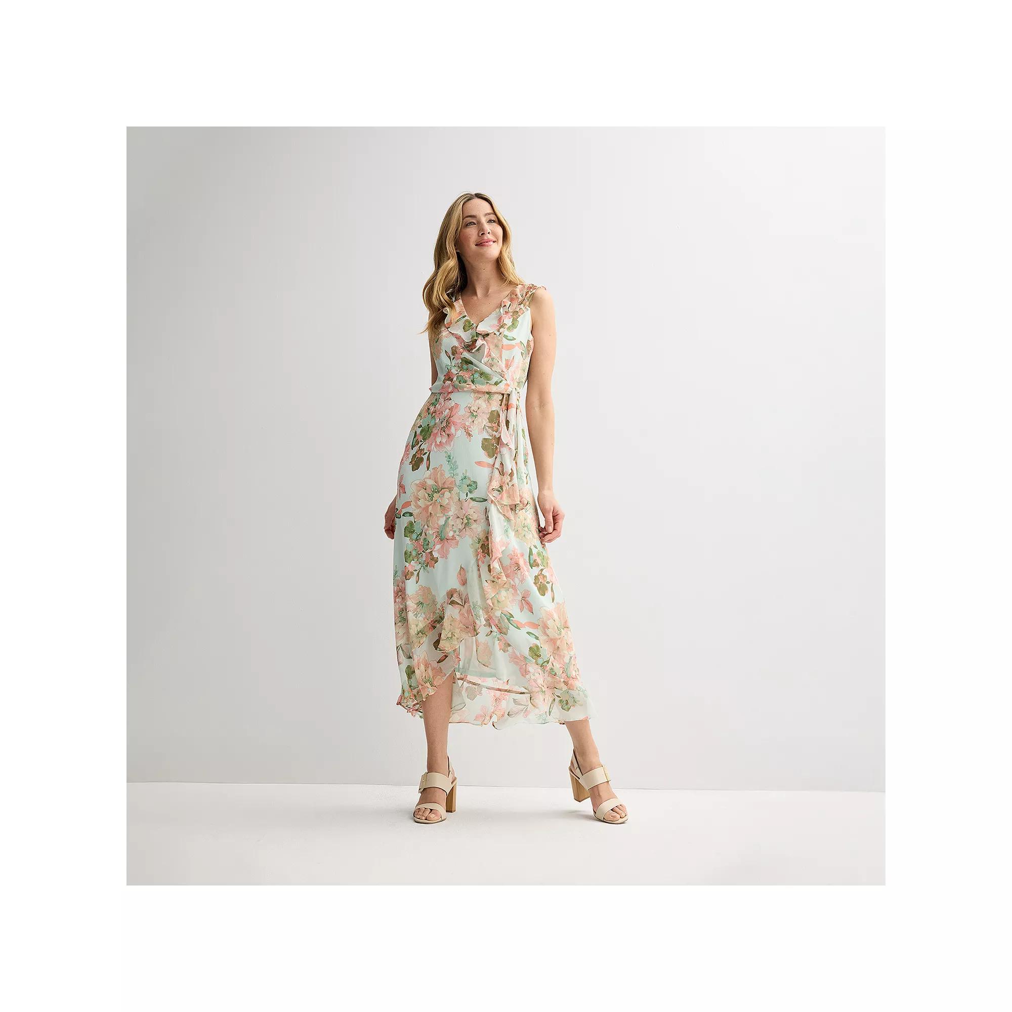 Women's London Times Ruffled Chiffon Maxi Dress, Size: 6, Aqua Pink Product Image