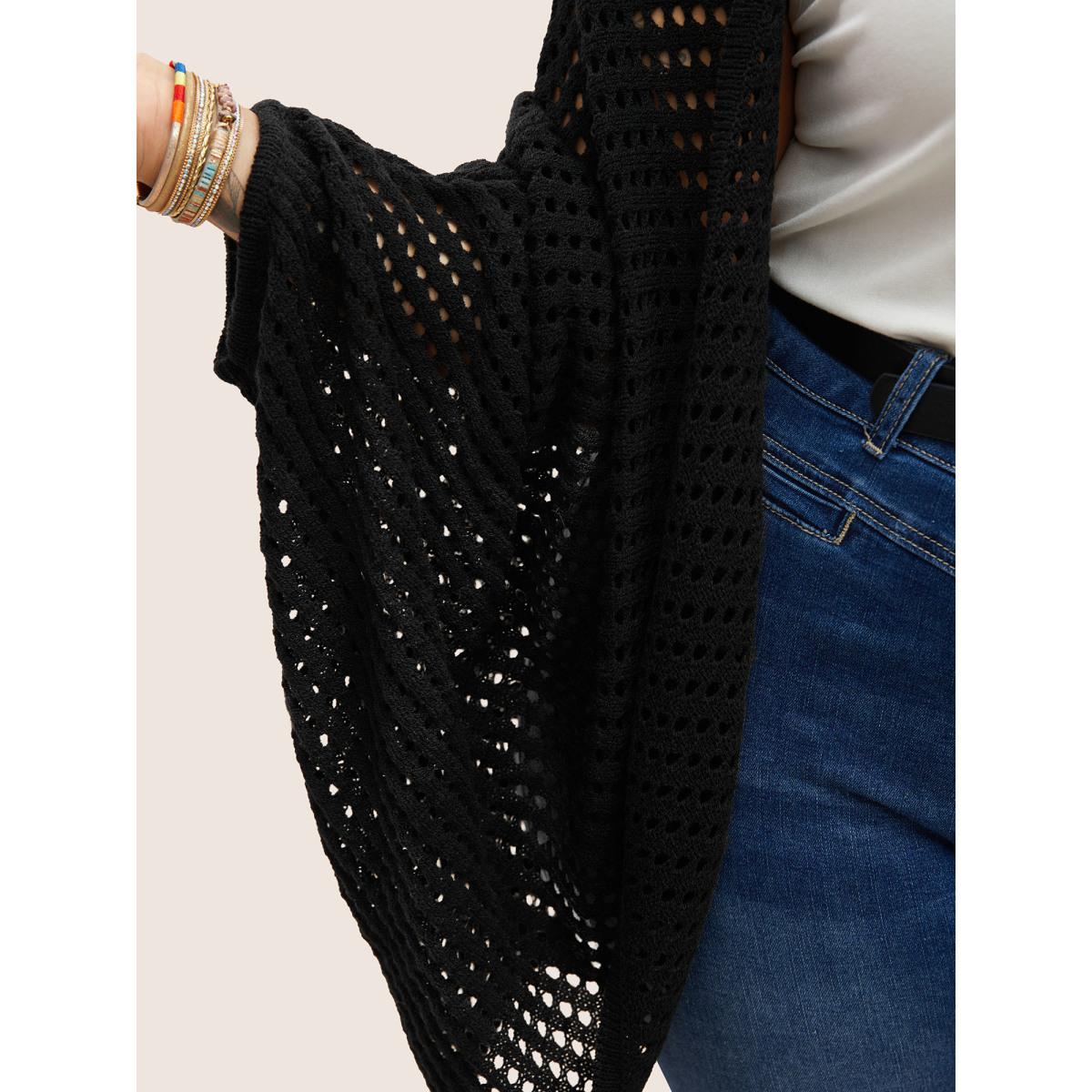 Plus Size Plain Pointelle Knit Batwing Sleeve Cardigan Black Women Casual Loose Long Sleeve Everyday Cardigans BloomChic 10/M Product Image
