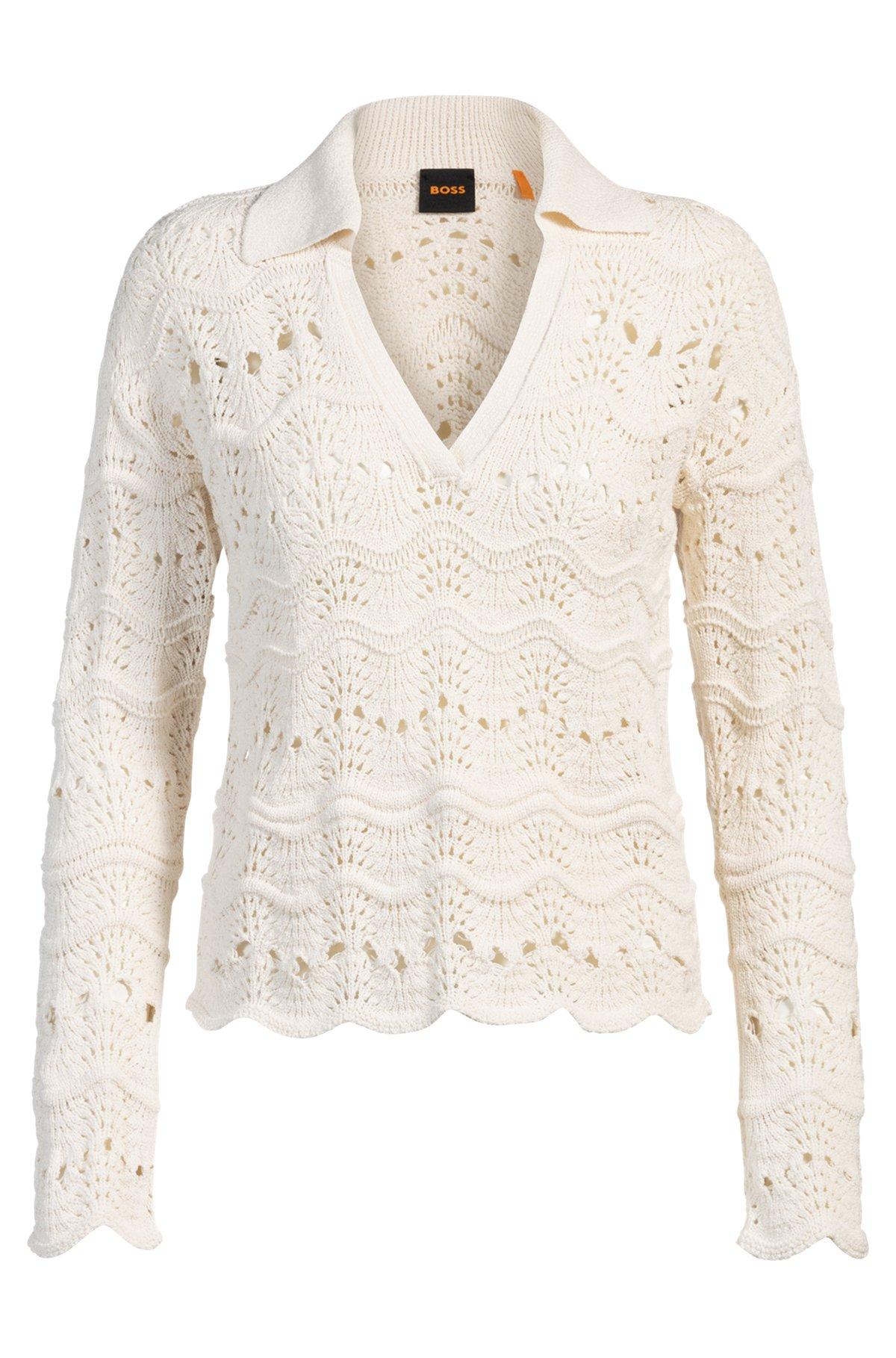 BOSS - Johnny-collar sweater with open-knit structure - White Product Image