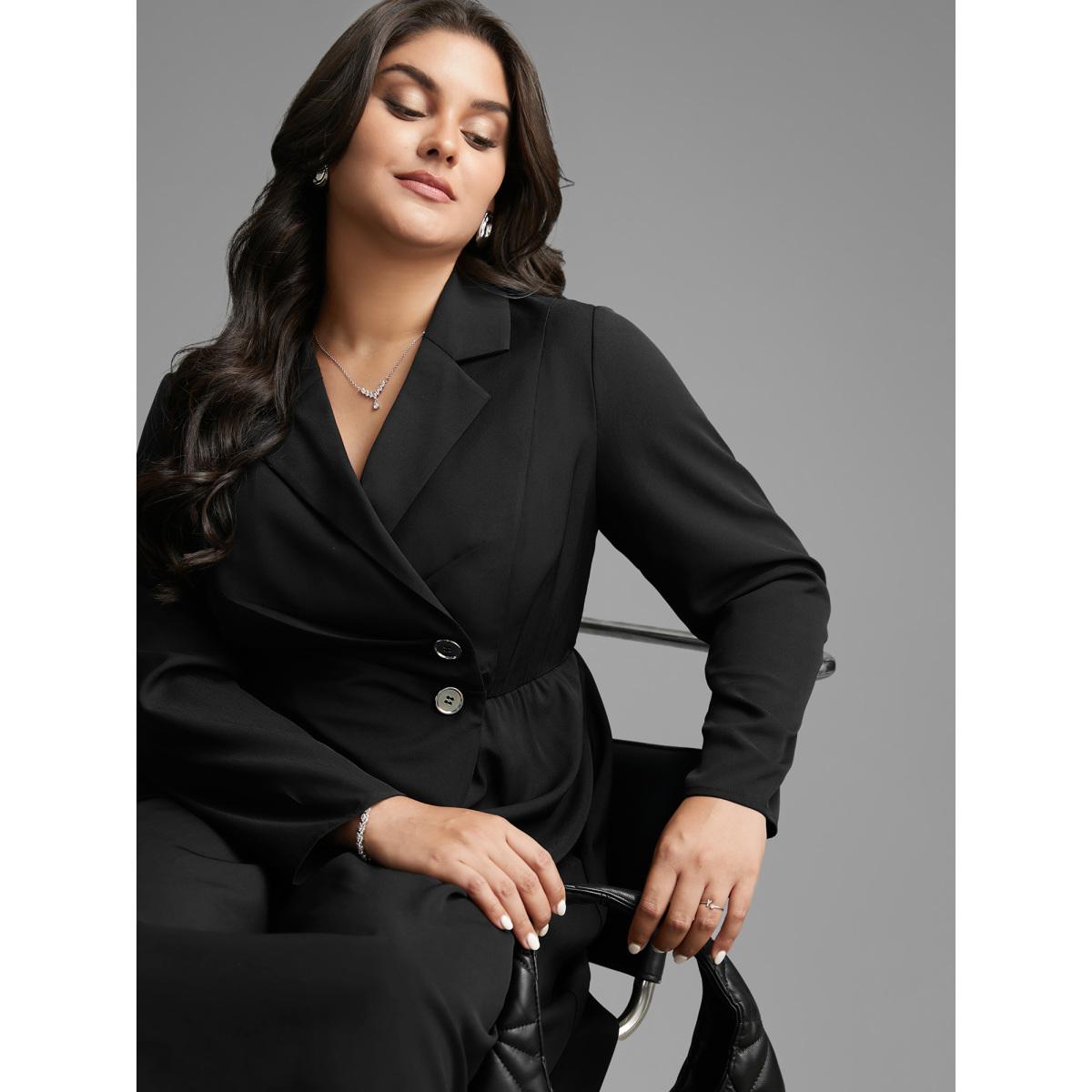 Plus Size Suit Collar Metal Detail Midi Dress Black Women At the Office Overlapping Suit Collar Long Sleeve Curvy BloomChic 28/5X Product Image