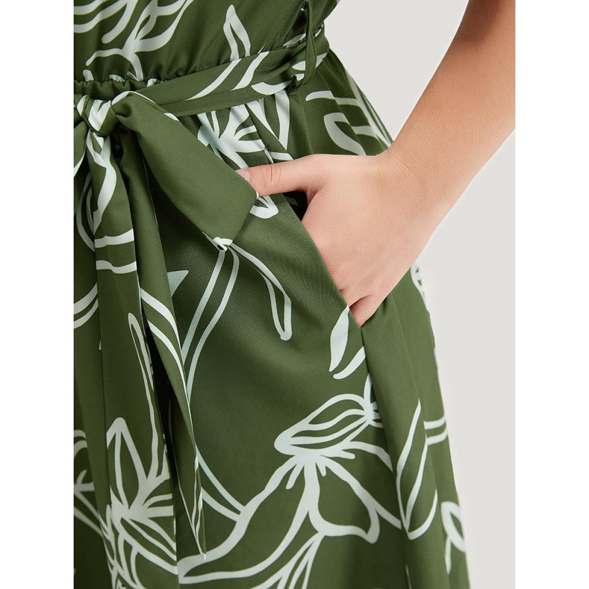 Plus Size Graphic Print Belted Shirt Collar Button Up Dress Sage Women Office Belted Shirt collar Short sleeve Curvy Midi Dress BloomChic 30/6X Product Image