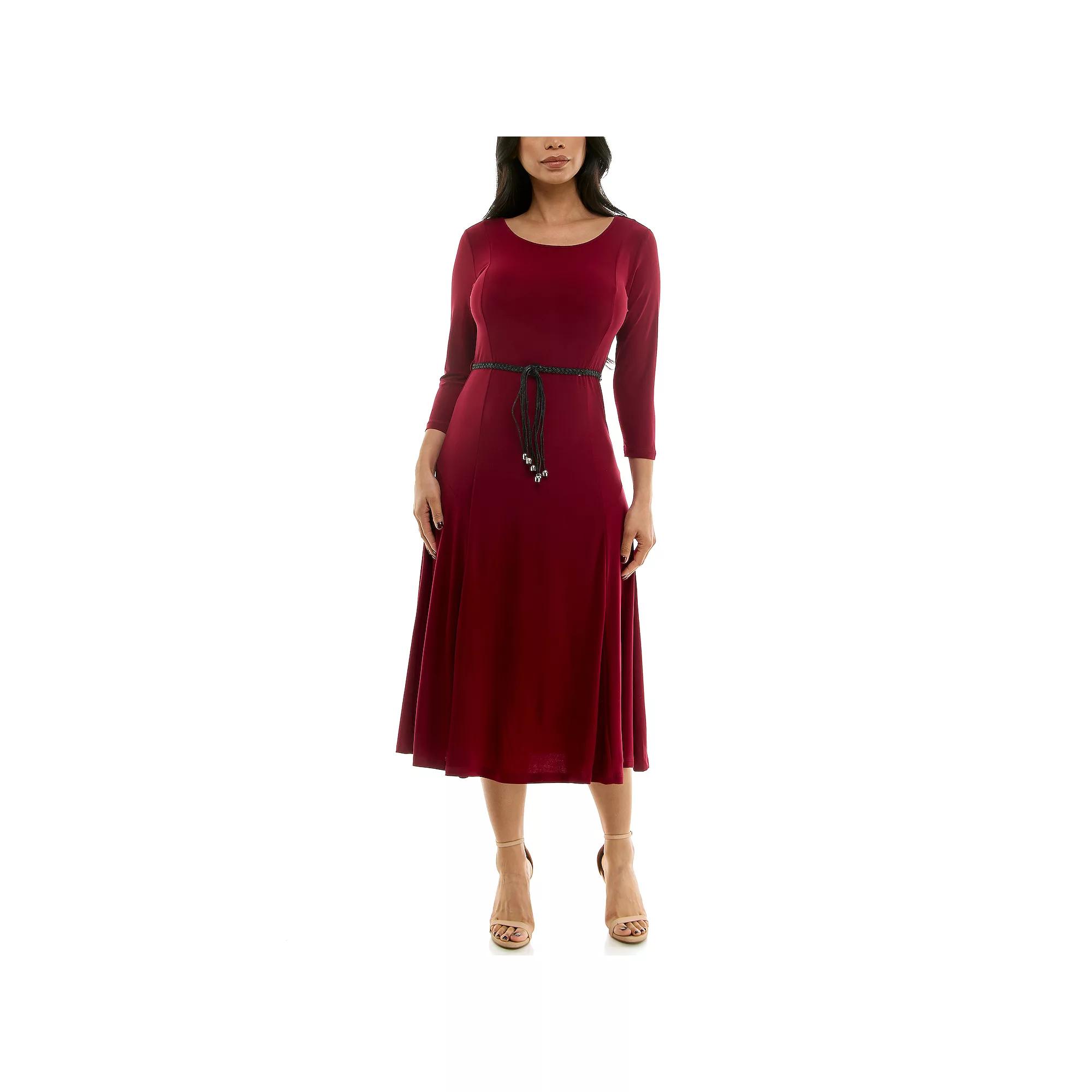 Women's Nina Leonard Sylvia Three-Quarter Sleeve Belted Midi Dress,  Product Image
