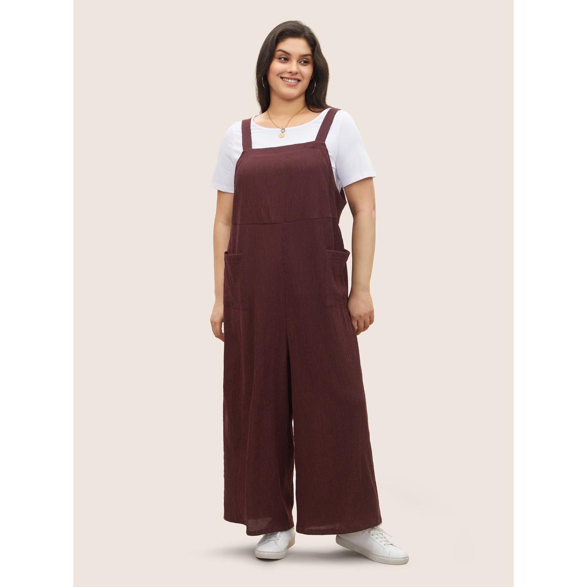 Plus Size Burgundy Plain Textured Patched Pocket Cami Jumpsuit Women Casual Sleeveless Non Everyday Loose Jumpsuits BloomChic 22-24/3X Product Image